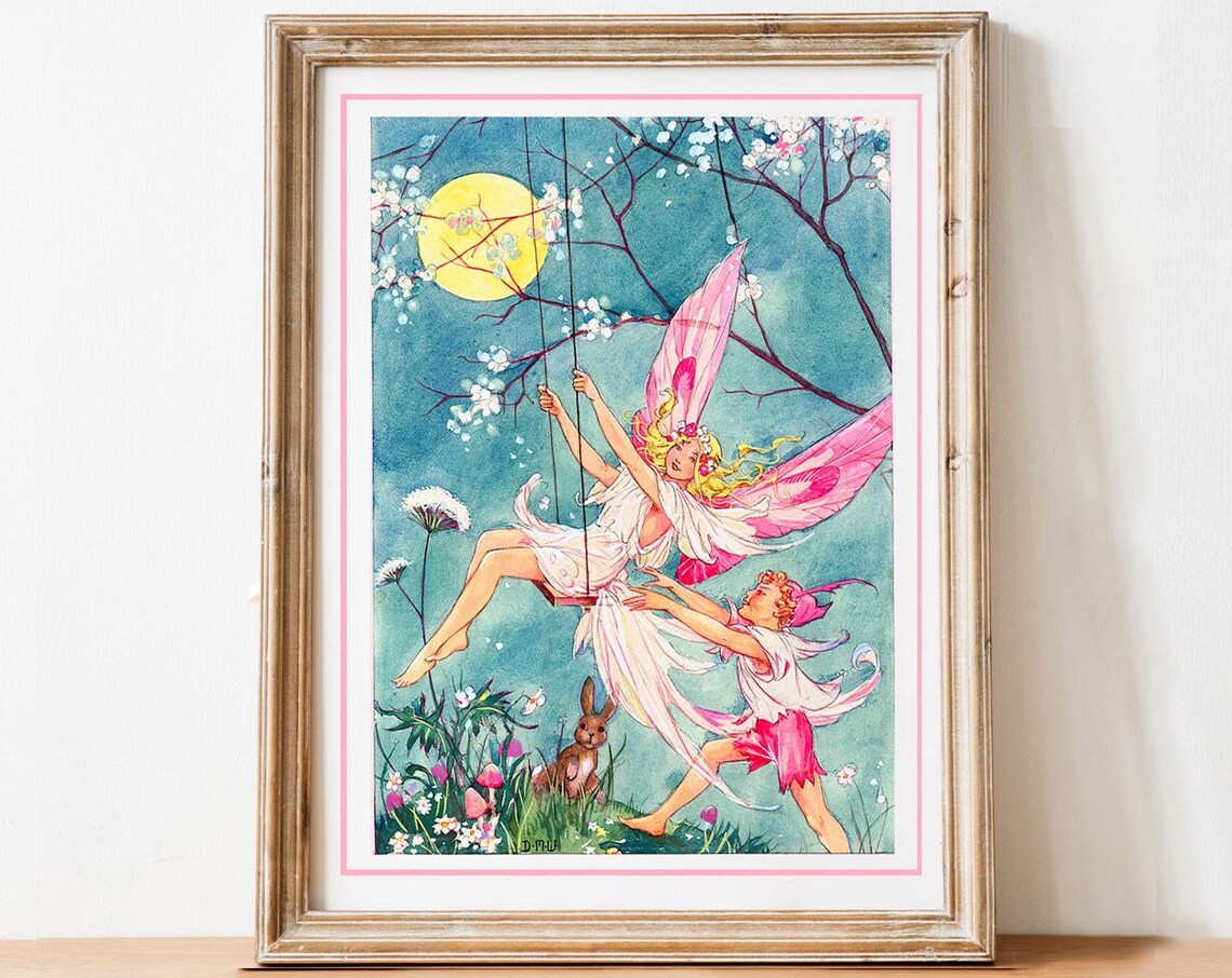 Fairy on a Swing Pushed by Elf Boy Full Moon Night Blossom Watercolor Print