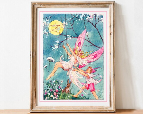 Fairy on a Swing Pushed by Elf Boy Full Moon Night Blossom Watercolor Print