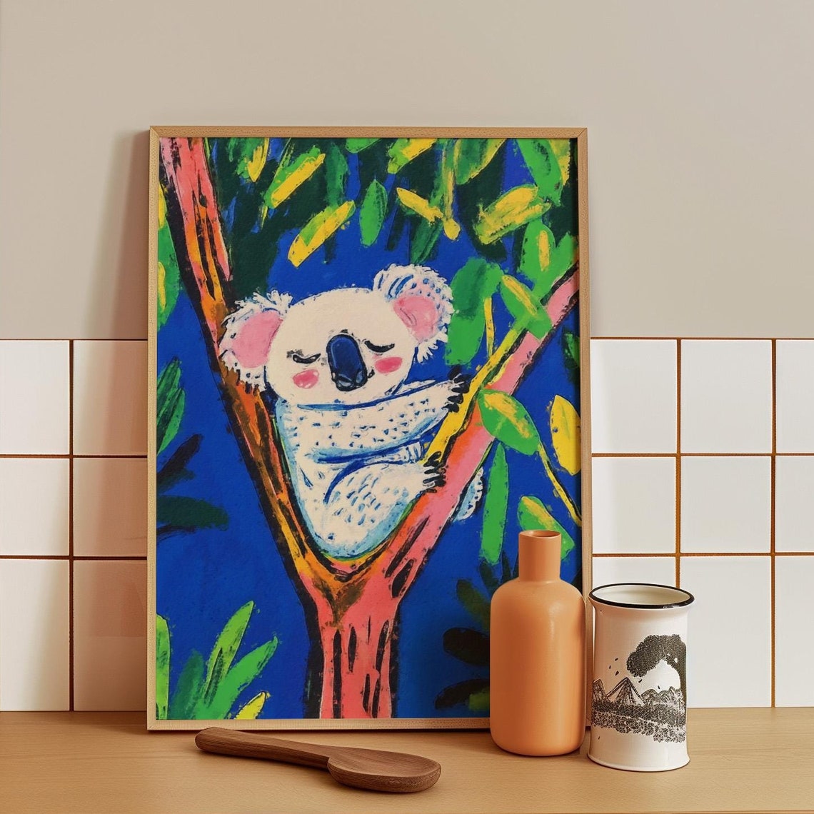 Sleepy White Koala Dozing in a Pink Tree Fork Among Leaves Poster