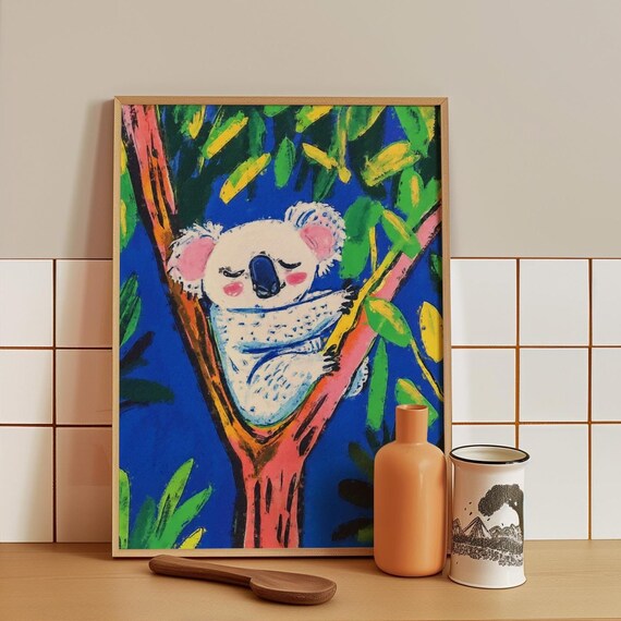 Sleepy White Koala Dozing in a Pink Tree Fork Among Leaves Poster