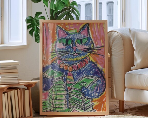 Rich Cat With Money Stacks Sunglasses Cartoon Style Funny Cat Poster