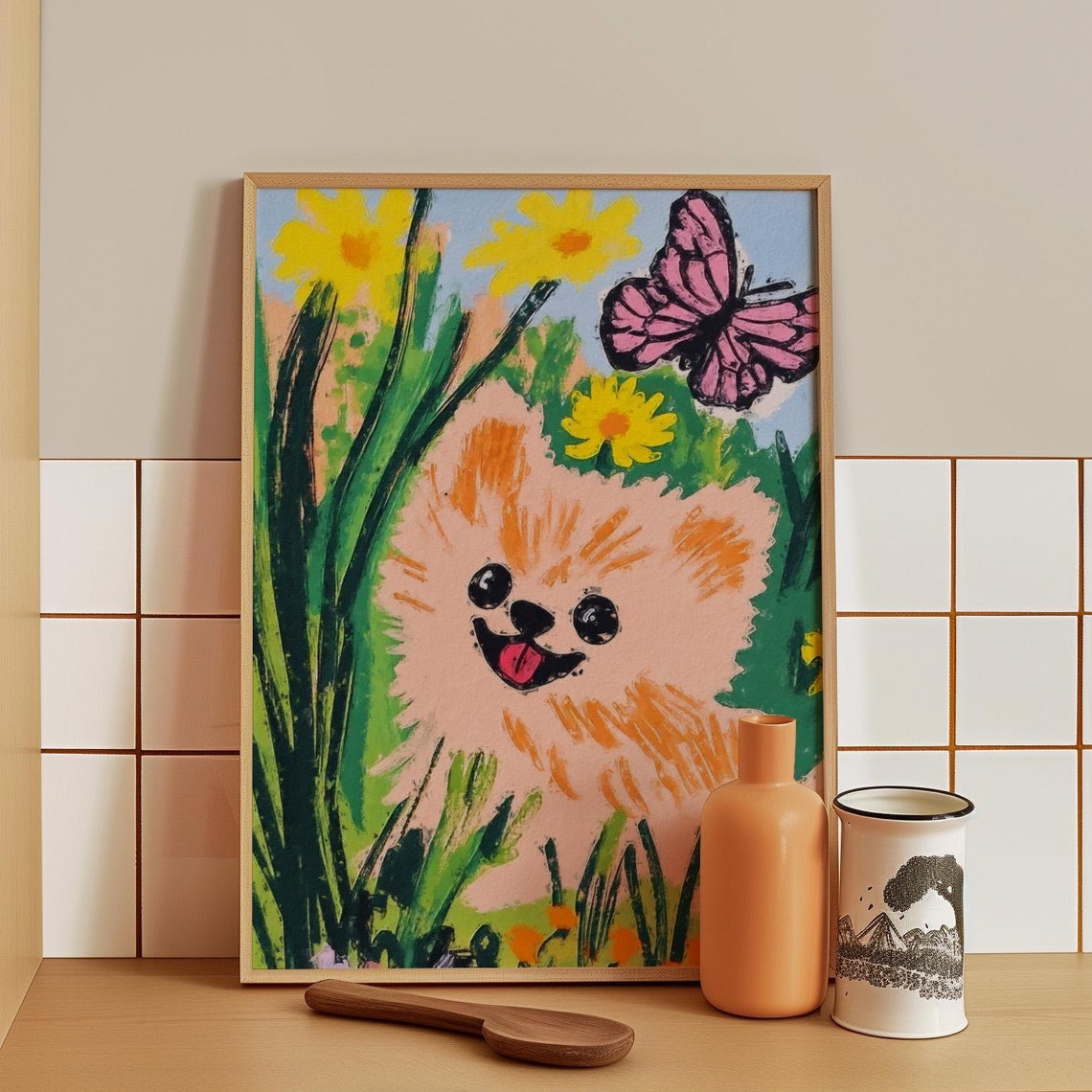 Fluffy Orange Puppy Chasing a Pink Butterfly in a Daisy Field Poster
