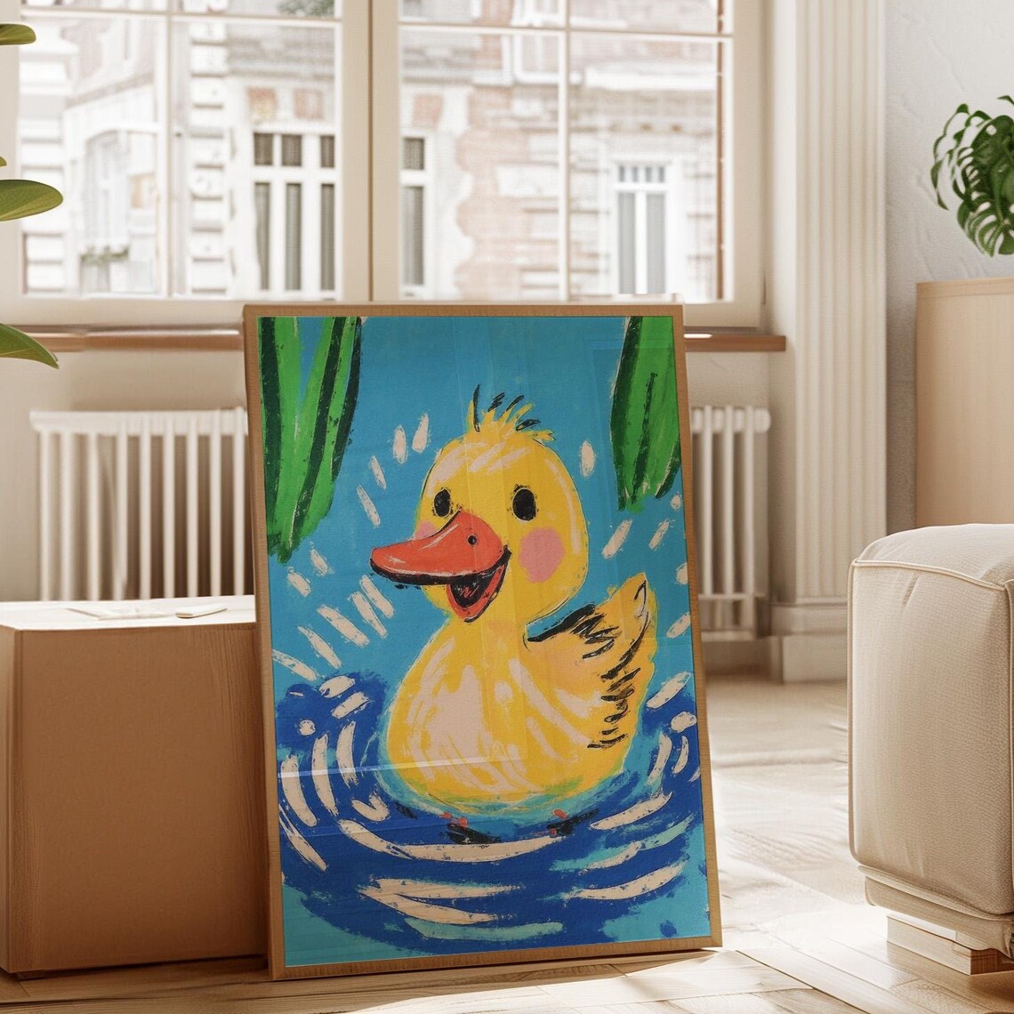 Happy Yellow Duckling Swimming In Blue Water Kids Nursery Poster