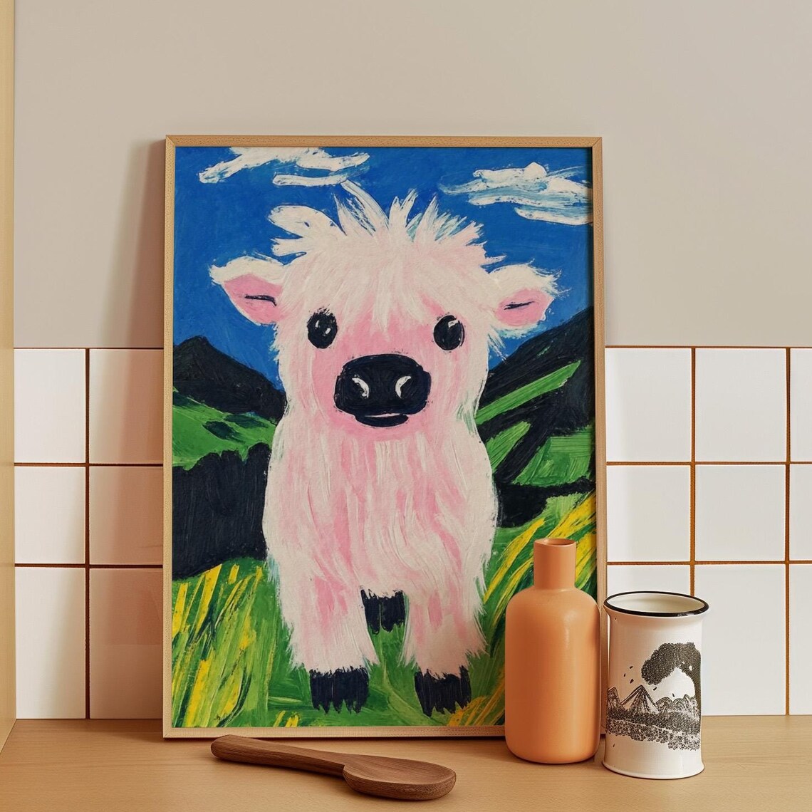 Fluffy Pink Highland Cow Calf in a Sunny Green Pasture Poster
