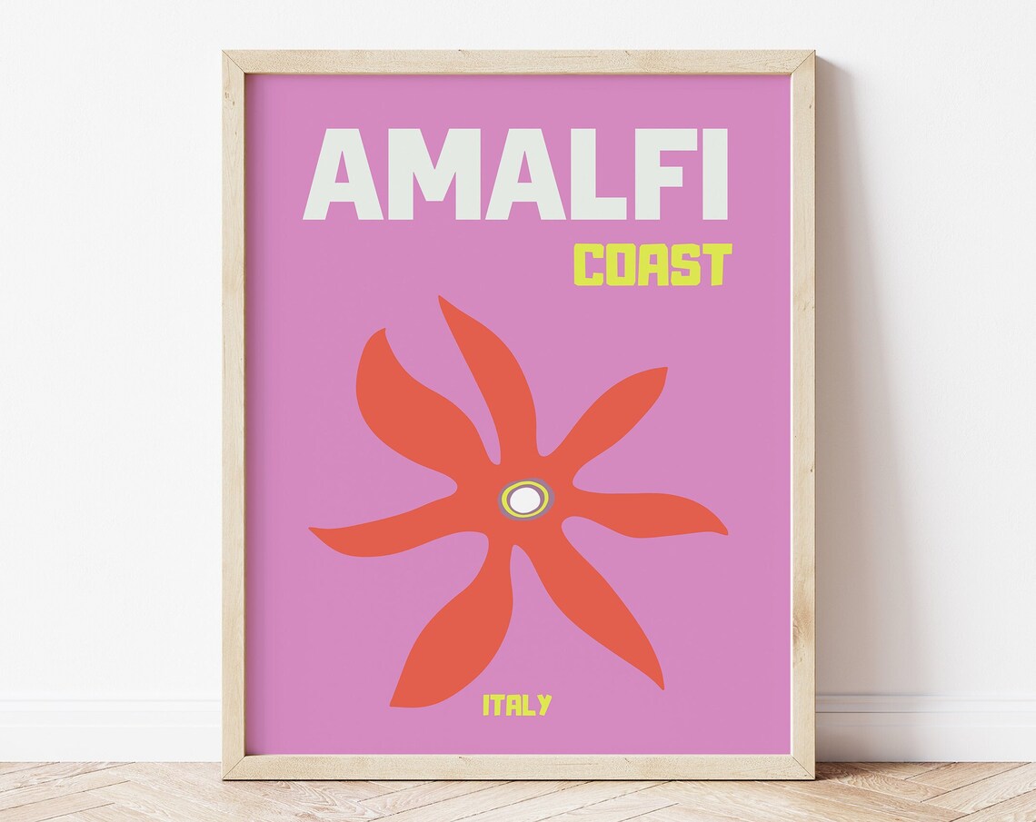 Amalfi Coast Italy Retro Pink Pop Art Floral Summer Travel Poster