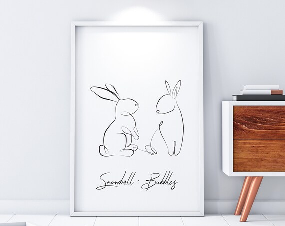 Two Bunnies One Line Art Custom Rabbit Names Minimalist Pet Lover Poster