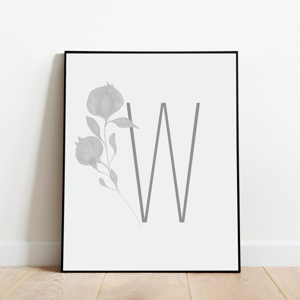 Letter W Botanical Initial Wall Art with Black Branch Silhouette - Image 2