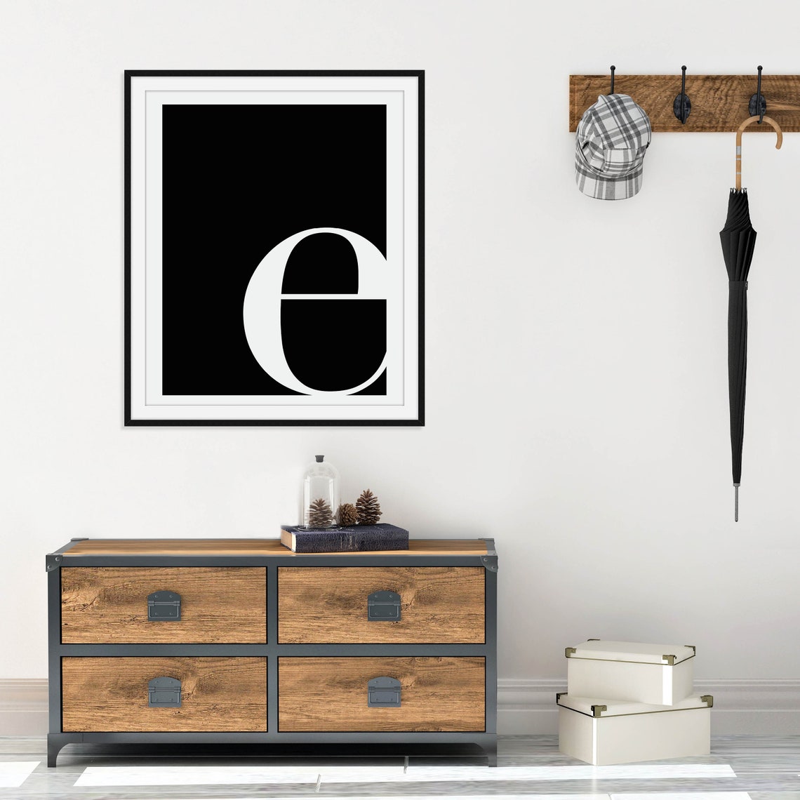 Lowercase Letter E Monogram Poster White on Black Modern Decor - Image 3