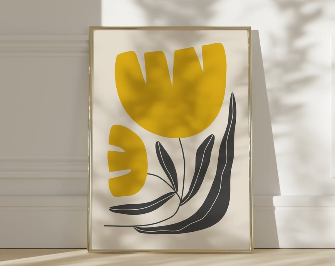 Yellow Abstract Tulip Flower Black Leaves Modern Minimal Art Poster