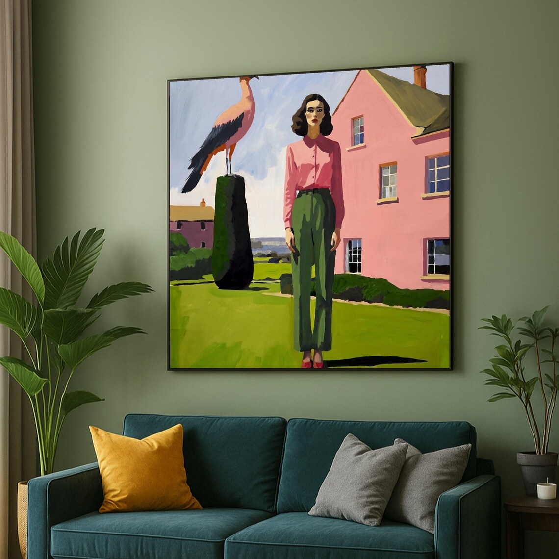 Woman with Stork Sculpture Pink House Modern Figurative Art Poster