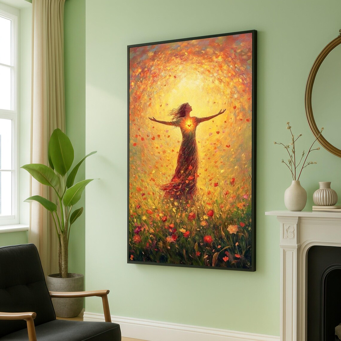 Radiant Heartlight Woman in Flower Meadow Spiritual Art Poster