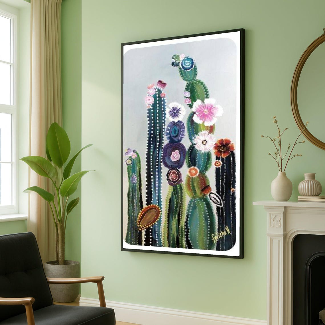 Blooming Cactus with Colorful Flowers Vibrant Desert Botanical Poster
