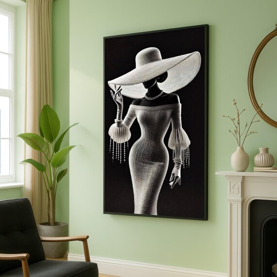 Glamorous Woman In Pearl Dress And Wide Brim Hat Fashion Poster