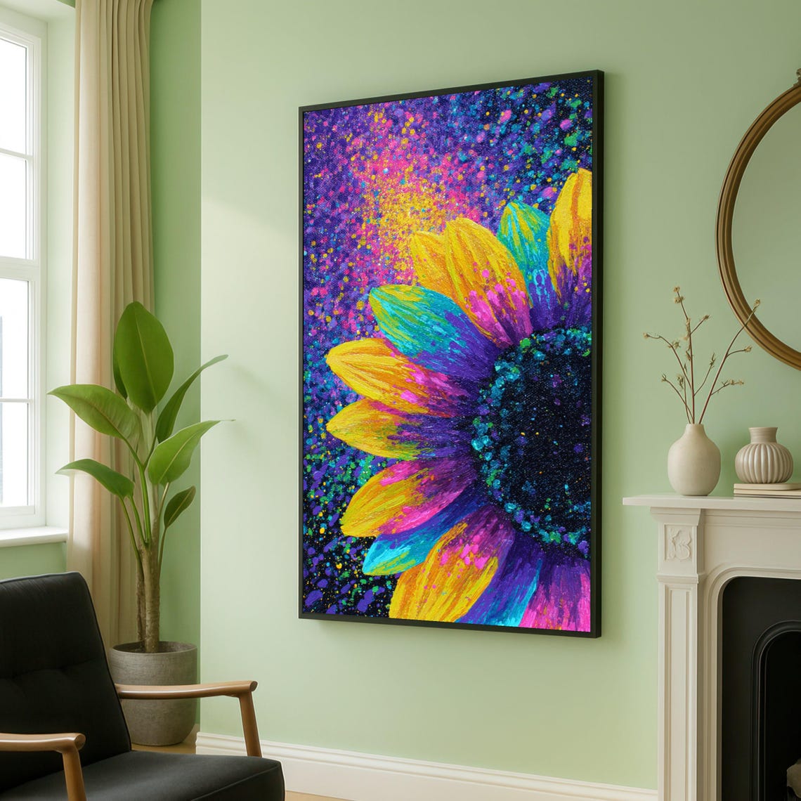 Psychedelic Rainbow Sunflower Abstract Flower Painting Poster