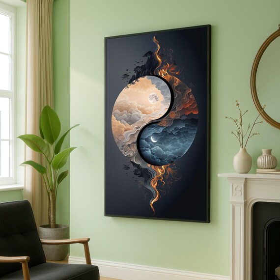 Yin Yang Moon And Fire Day Night Sky Symbol Cosmic Canvas Wall Art