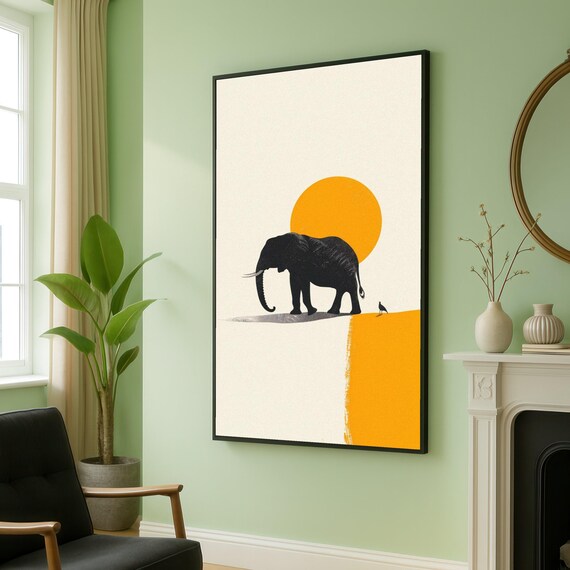 Minimalist Elephant Silhouette Canvas Modern Safari Wall Art African Wildlife Decor Yellow Sun Abstract Contemporary Home