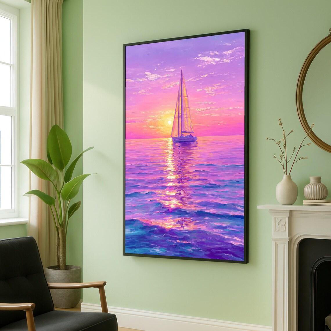 Lonely Sunset Sailboat on Purple Ocean Waves Nautical Poster
