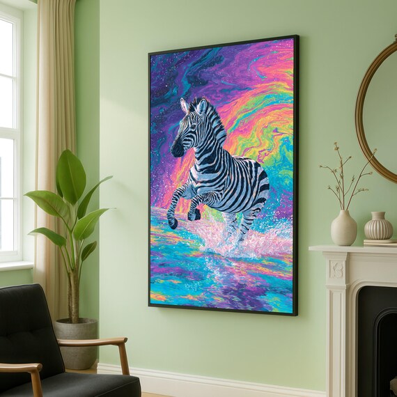 Vibrant Zebra Splash Canvas Abstract Animal Wall Art Colorful Wildlife Painting Psychedelic Nature Decor Modern Print