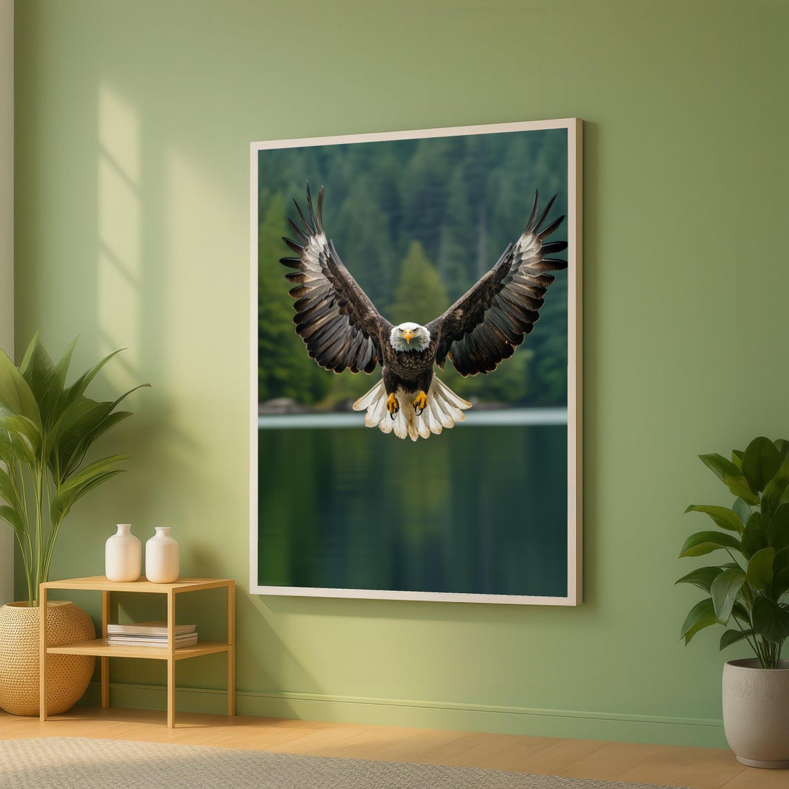 Majestic Bald Eagle in Flight Over a Lake Wildlife Bird Poster