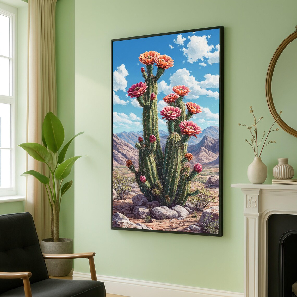 Blooming Cactus Pink Flowers Desert Mountains Southwestern Art Poster
