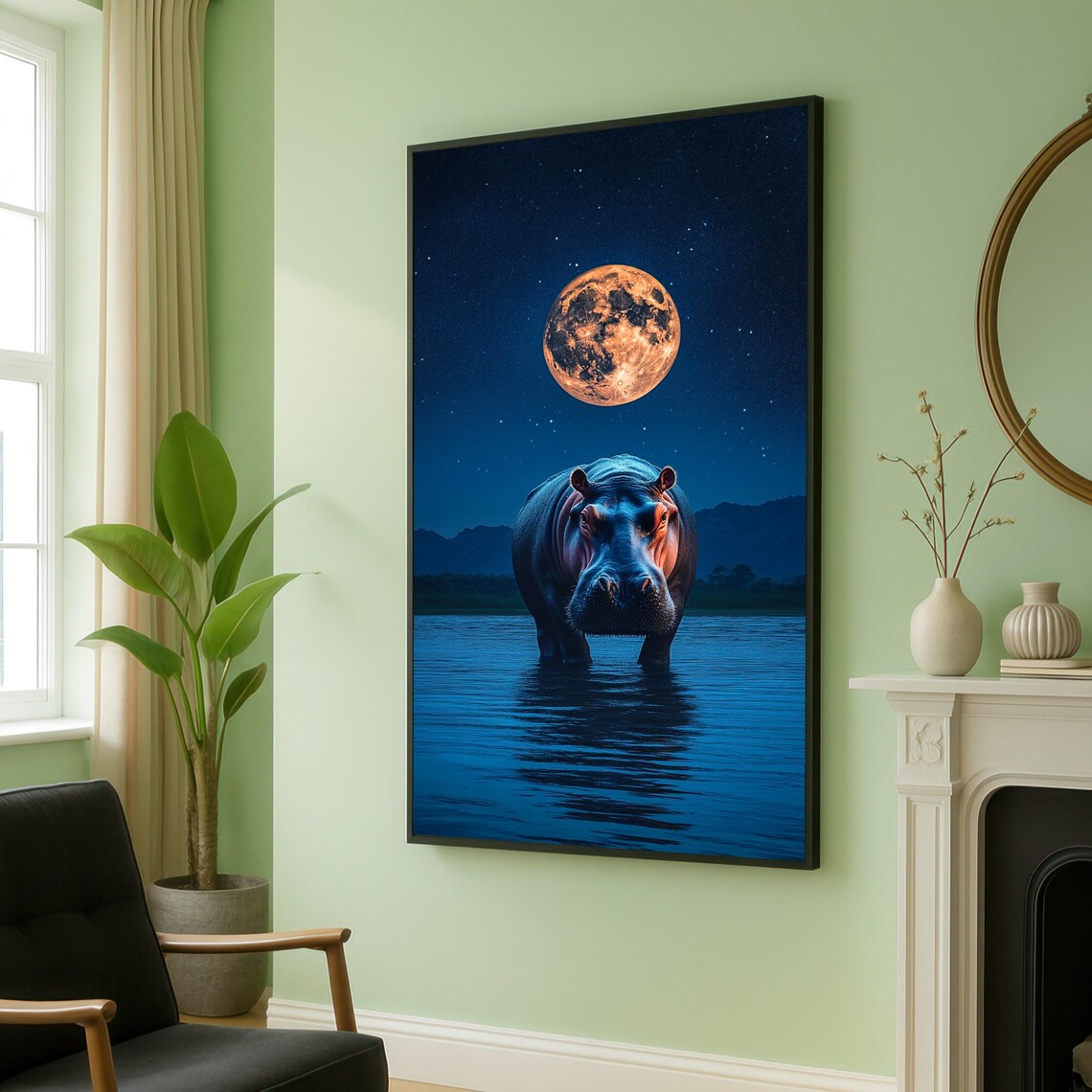 Majestic Hippo Under Full Moon in Shimmering Night Water Poster