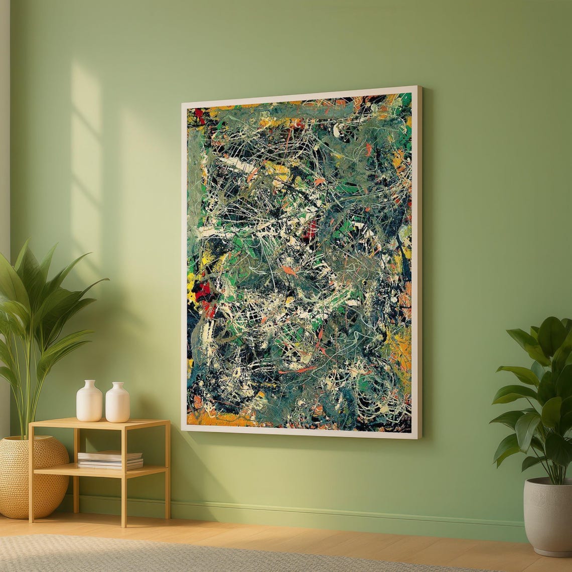 Dark Green Abstract Expressionist Splatter Canvas Wall Art Decor