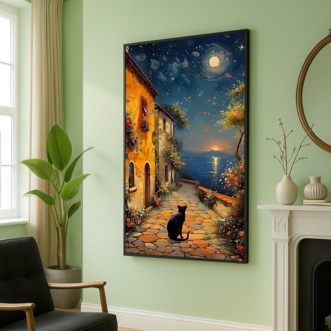Moonlit Coastal Village Black Cat Under Starry Night Sky Wall Art
