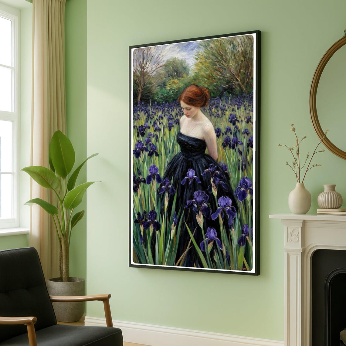 Elegant Woman In Black Dress Purple Iris Flowers Canvas Floral Field Painting Romantic Garden Wall Art Nature Scene Decoration