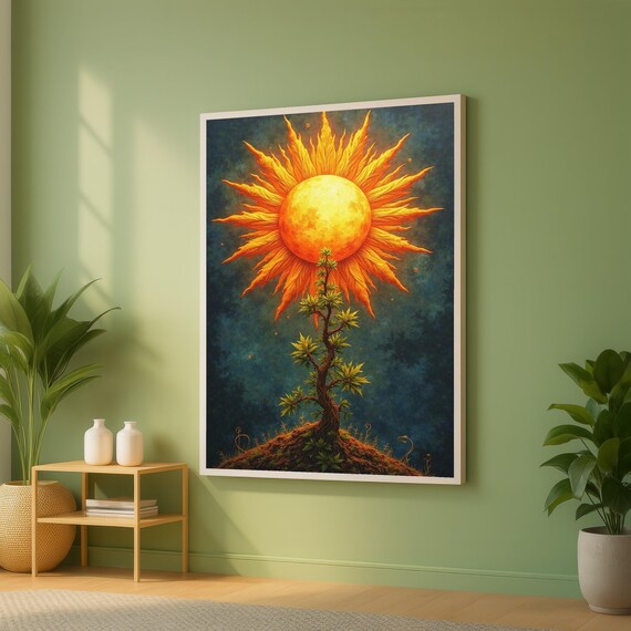 Radiant Sunflower Canvas Wall Art Surreal Sun And Tree Nature Bright Floral Home Dcor Vibrant Botanical Illustration
