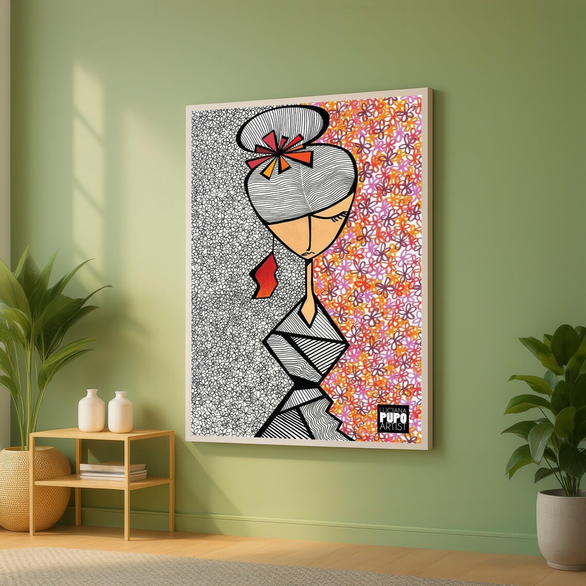 Abstract Geisha Woman Floral Pattern Modern Asian Art Portrait Poster