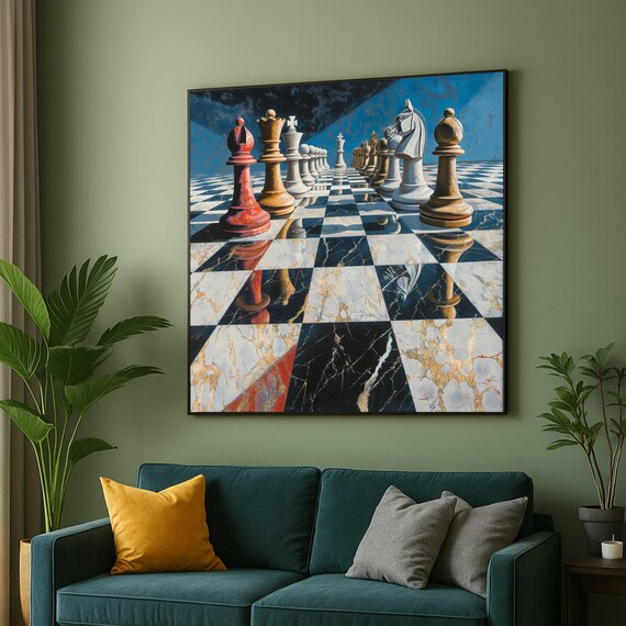 Dramatic Marble Chessboard Poster Strategic Game Scene Modern Artwork