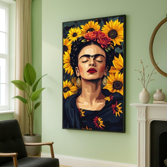 Vibrant Sunflower Portrait Canvas Floral Woman Wall Art Colorful Face Painting Bold Artistic Home Decor Accent