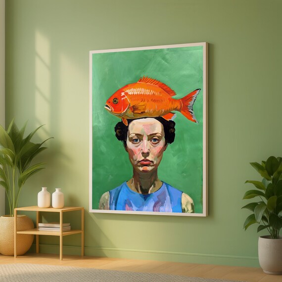 Rebecca Aldernet Surreal Portrait With Orange Fish Hat Modern Figurative Canvas Art Bold Green Background Wall Contemporary Home Dec
