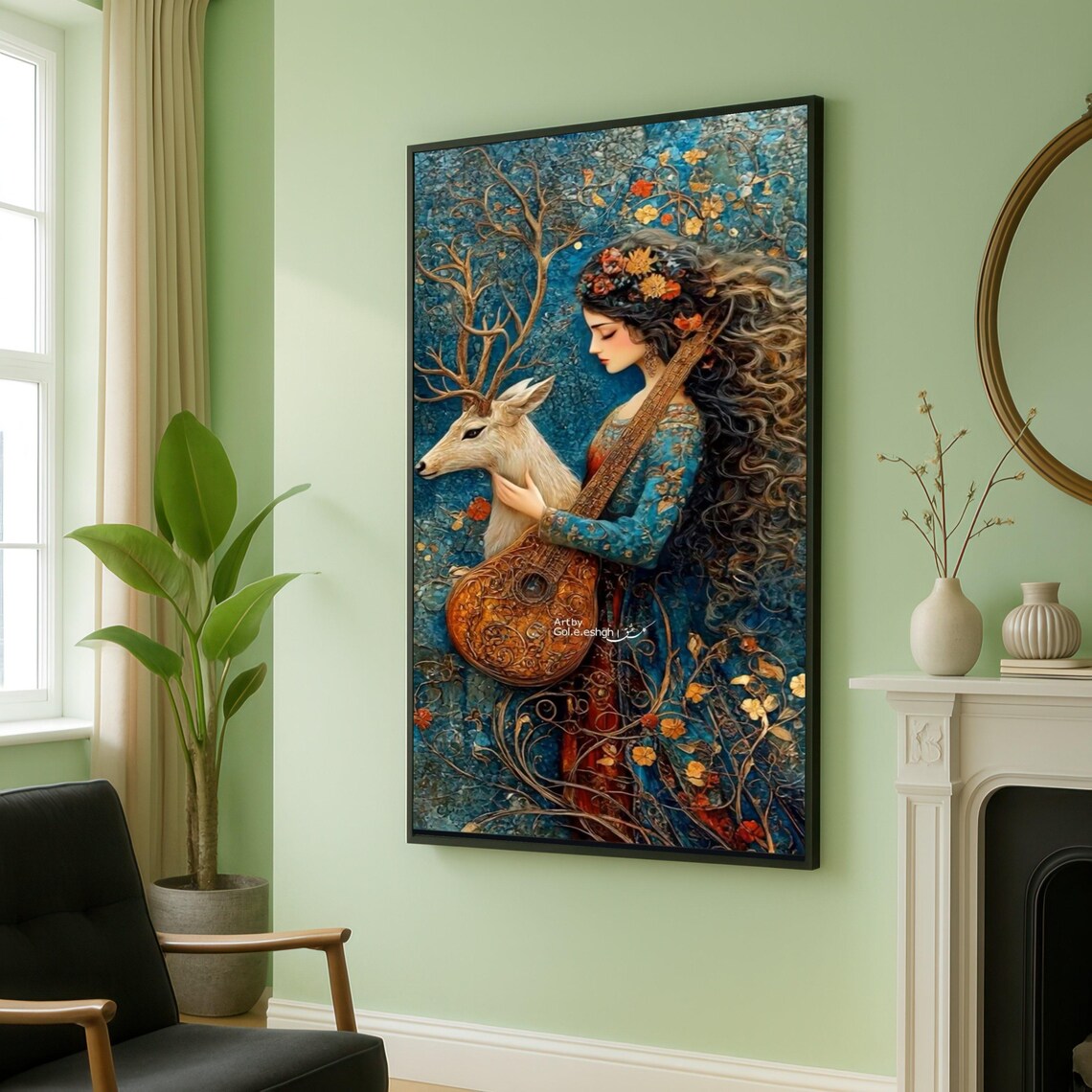 Mystical Woman With White Deer Fantasy Musician Canvas Art Poster