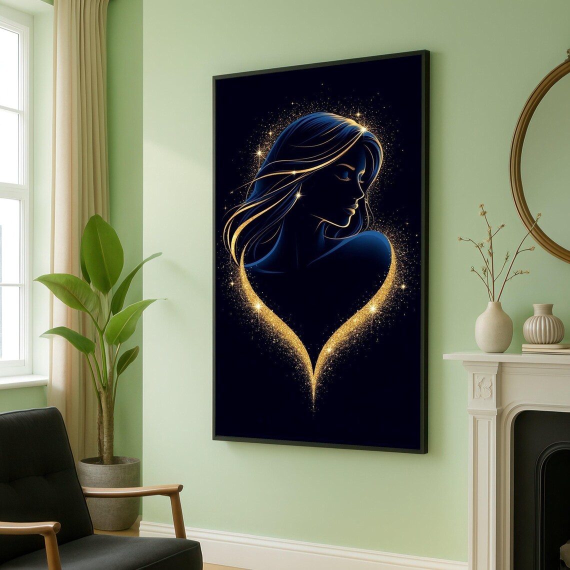 Golden Glitter Heart Woman Silhouette Elegant Feminine Decor Poster