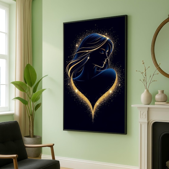 Golden Glitter Heart Woman Silhouette Elegant Feminine Decor Poster
