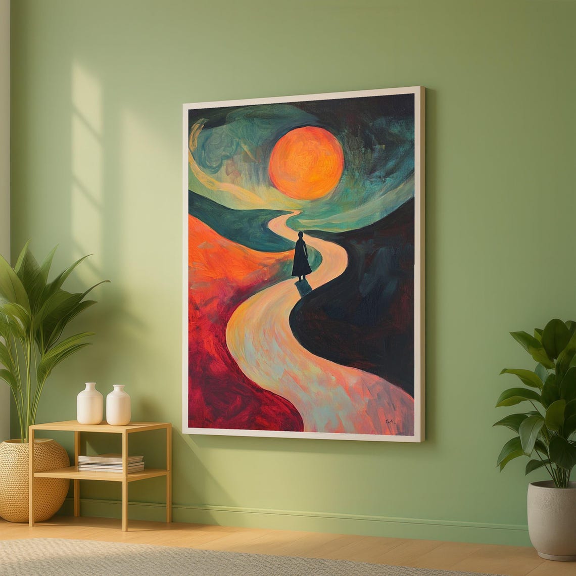 Mystical Woman Walking Toward Giant Sunset Winding Path Art Poster