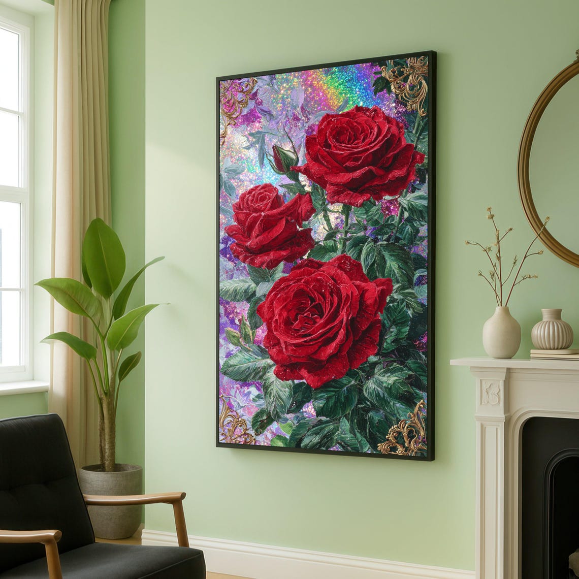Red Roses With Glitter Rainbow Gold Filigree Floral Art Poster