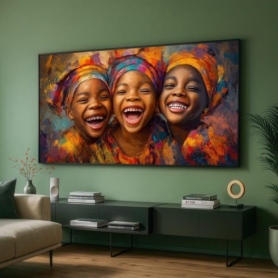 Vibrant African Girls Smiling Canvas Colorful Headwrap Wall Art Joyful Expression Portrait Ethnic Culture Decoration Ready To