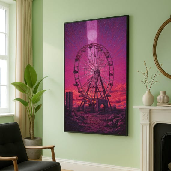 Surreal Ferris Wheel Canvas Pink Sunset Sky Fantasy Landscape Wall Art Nighttime Amusement Park Scene Vibrant Colorful Decor