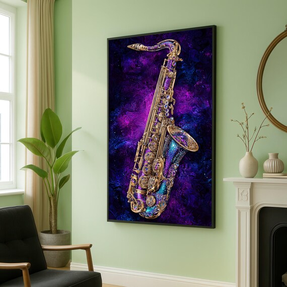 Ornate Saxophone On Swirling Purple Abstract Jazz Art Poster