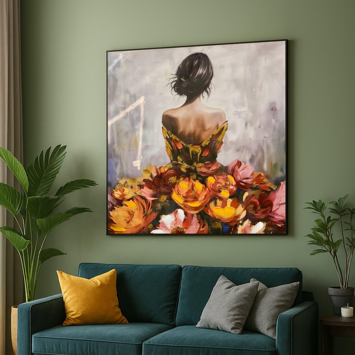 Woman In Floral Dress Back View Romantic Contemporary Painting Poster