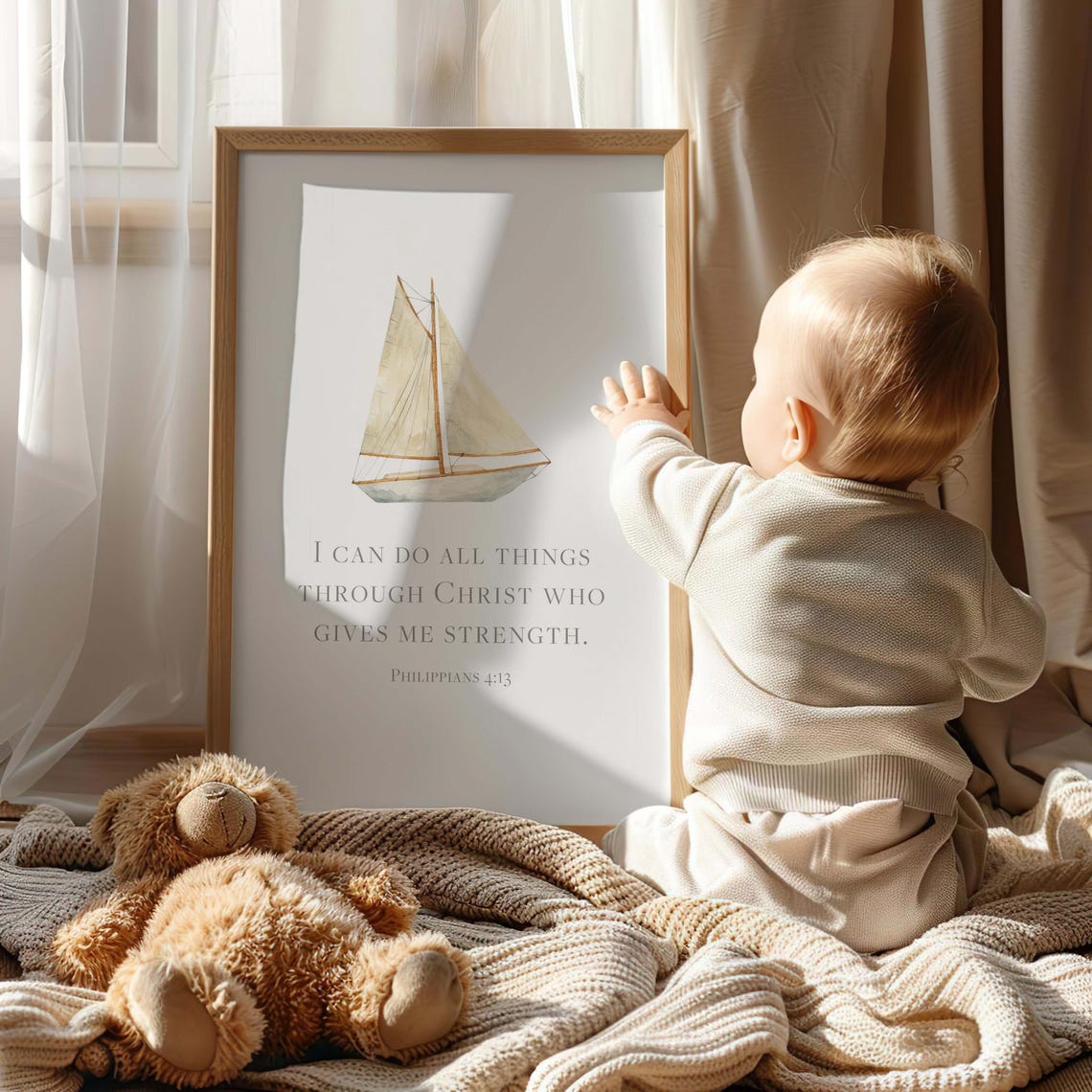 Philippians 413 Sailboat Nautical Nursery Wall Art Coastal Bible Verse Print Neutral Christian Baby Decor Kids Room Scripture - Image 3