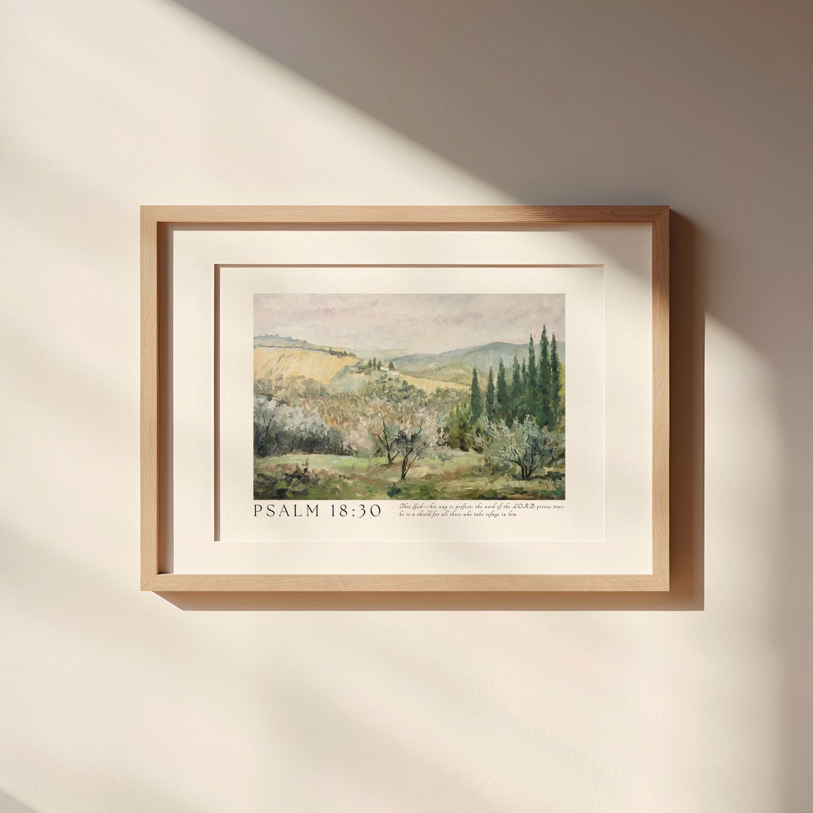 Psalm 18:30 Tuscan Cypress Rolling Hills Landscape Scripture Poster - Image 3