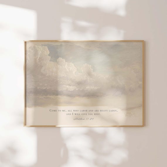 Matthew 1128 Cloud Wall Art Vintage Bible Verse Christian Living Room Decor Neutral Landscape Print Calming Scripture Poster