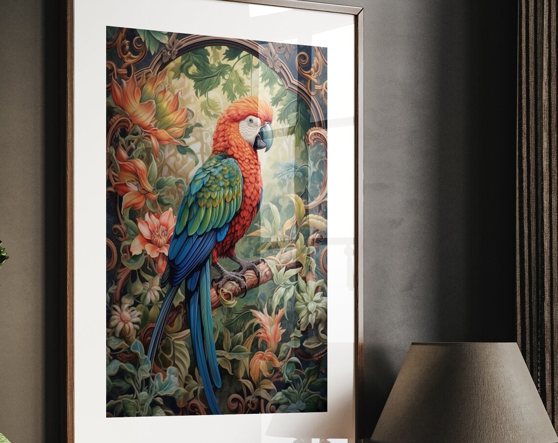 Scarlet Macaw Parrot Perched In Tropical Flower Garden Poster