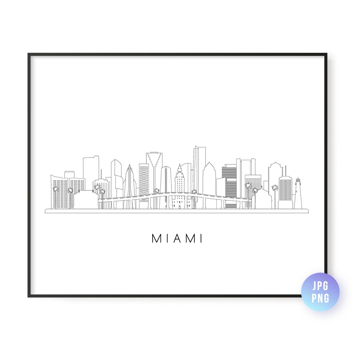 Miami Skyline Print City Line Art Instant Wall Jpg Png