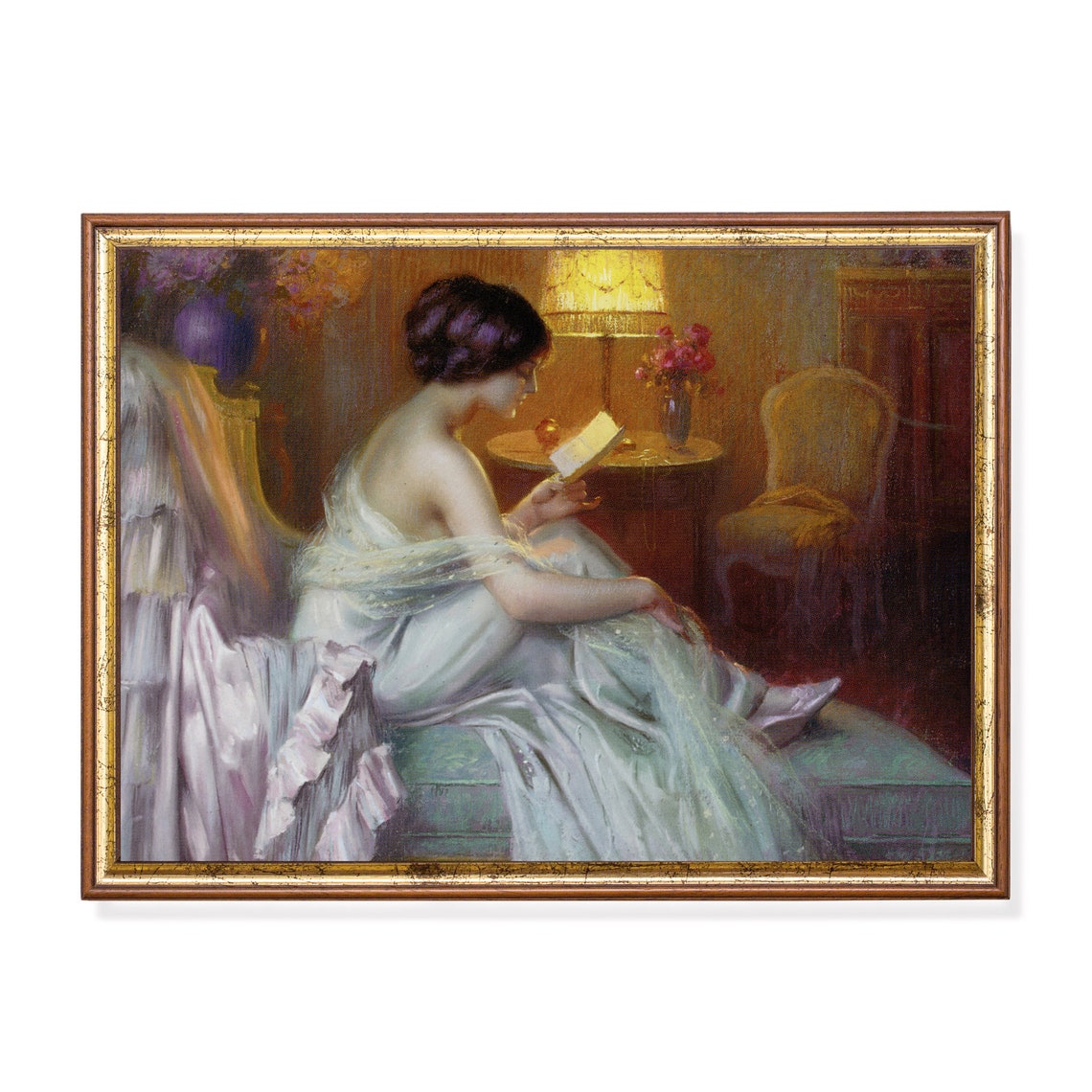 Lady Reading by Lamplight in a Warm Candlelit Evening Interior Poster