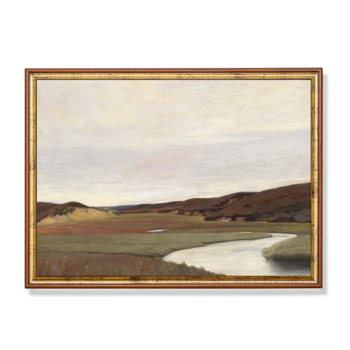 Winding River Through Marshy Hillside Vintage Landscape Poster