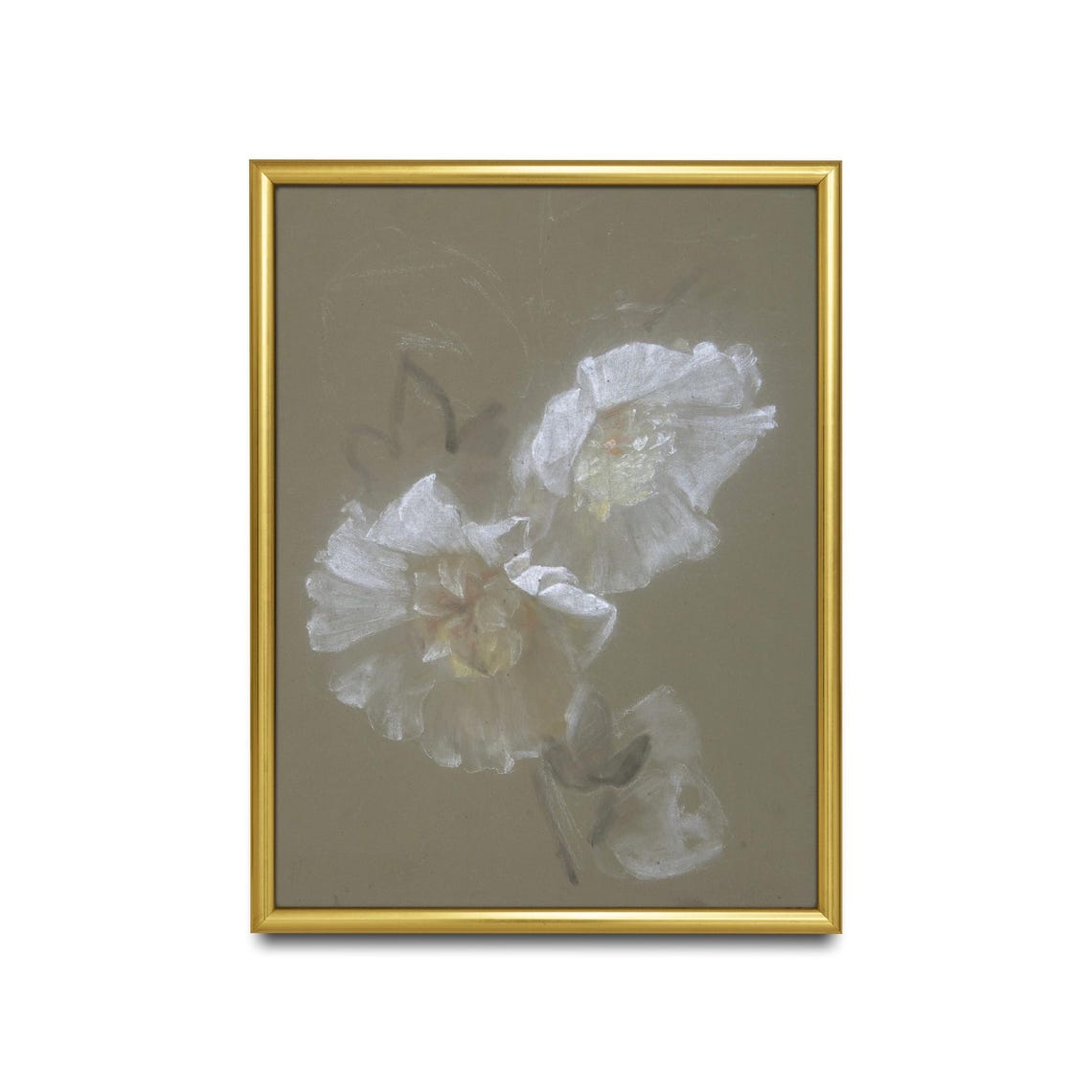 White Peony Blossoms Delicate Antique Botanical Study on Taupe Poster - Image 2
